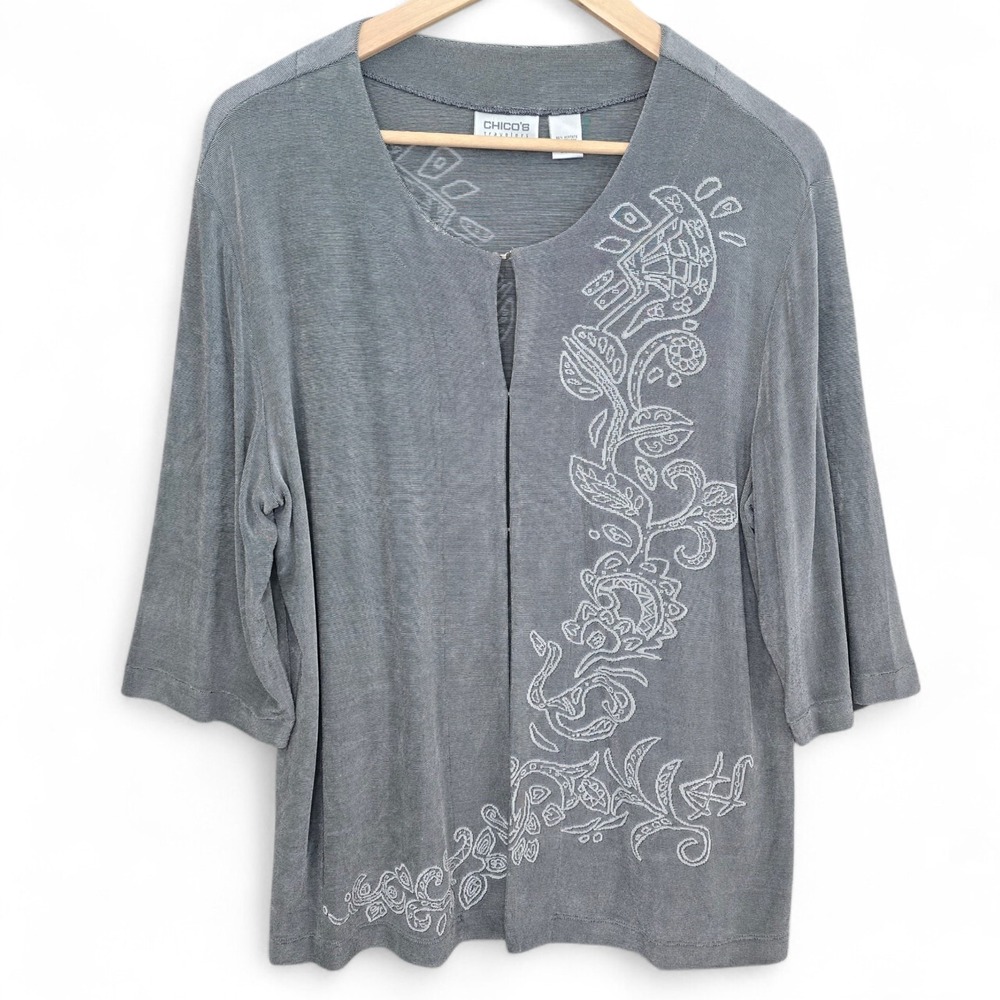 Chicos Travelers Cardigan Womens 3 US XL Gray Slinky 3/4 Sleeve Casual Ladies